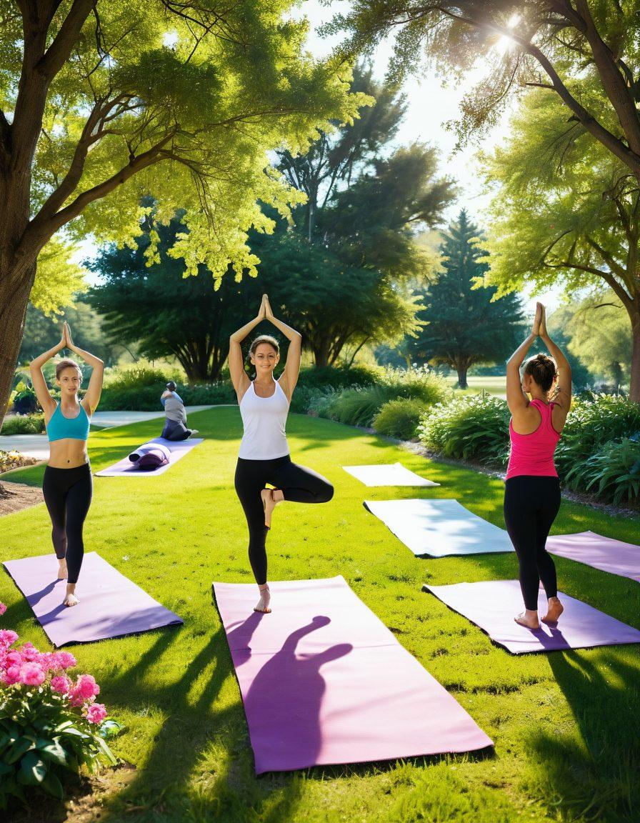 A serene landscape depicting a diverse group of people engaged in various wellness activities, such as yoga, jogging, and meditation in a sunlit park. Include vibrant greenery, colorful flowers, and uplifting expressions on their faces, symbolizing empowerment and recovery. Add elements like fitness mats, water bottles, and motivational posters subtly in the background. super-realistic. vibrant colors. natural light.