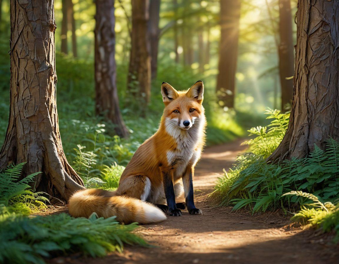 A serene forest scene featuring a wise fox sitting on a path surrounded by lush greenery, symbolizing guidance and healing. Soft, golden sunlight filters through the trees, casting a warm glow. In the background, subtle imagery of health symbols, like a heart and leaves, blend naturally with the environment. The atmosphere conveys tranquility and a connection to nature. vibrant colors. super-realistic.