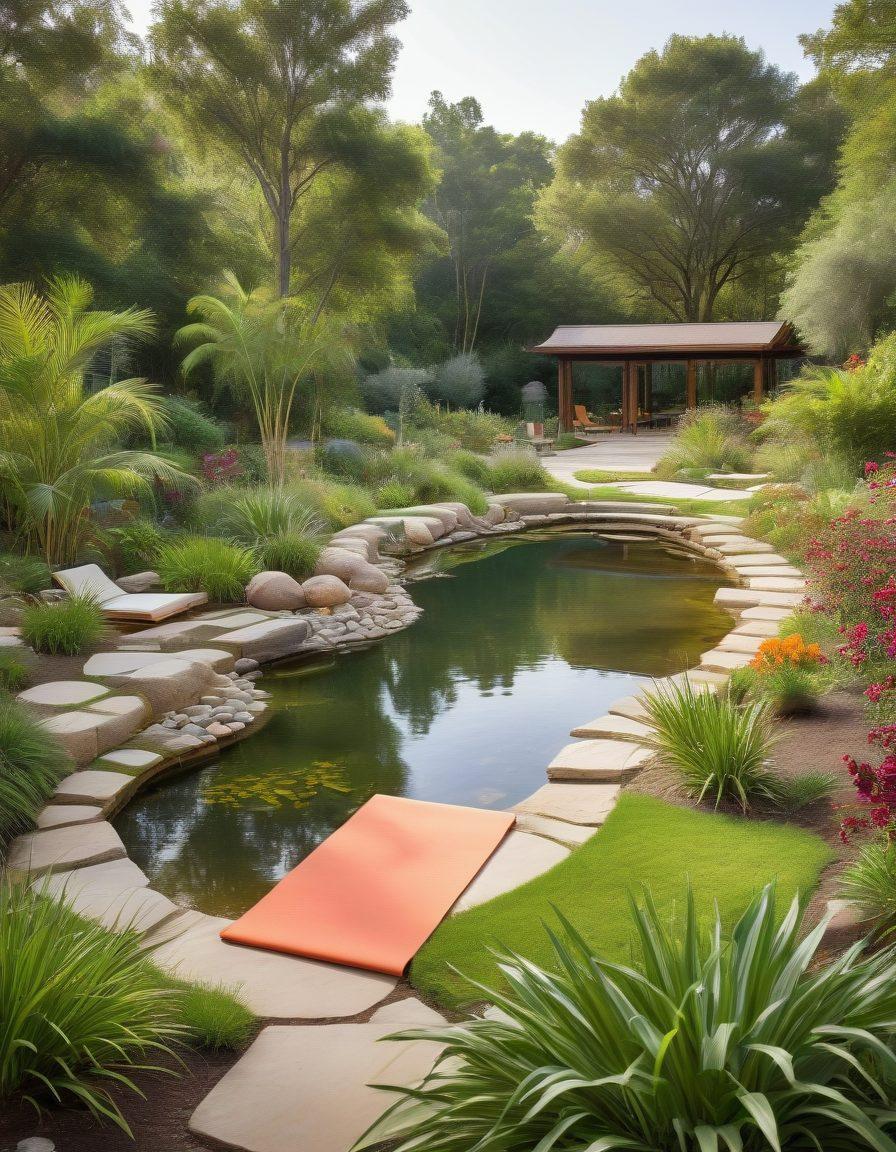 A serene wellness center showcasing diverse individuals engaging in various rehabilitation exercises, surrounded by lush greenery and calming water features. Emphasize the supportive community atmosphere with smiling faces and expert therapists guiding them. Include elements of holistic health like yoga mats and nutrition guides. super-realistic. vibrant colors. tranquil setting.
